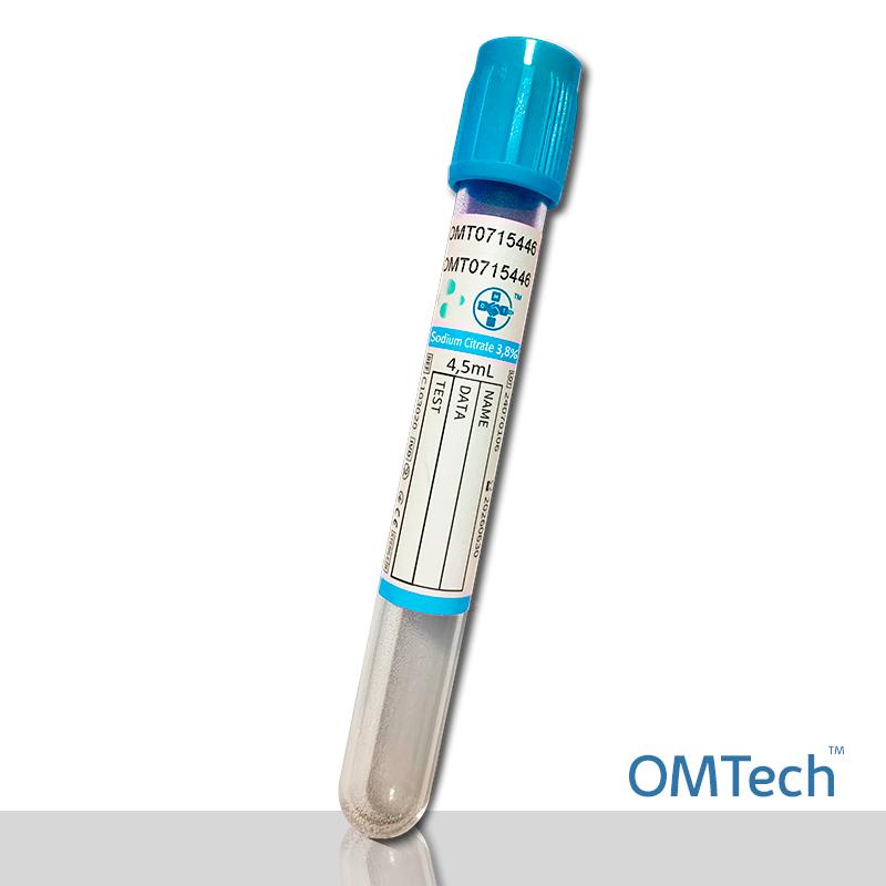 Пробірка Вакуумна для забору крові "OMTech", з цитратом натрію 3,8%, стерильна, з блакитною кришкою, 4,5 мл, 13*100 мм RENJI MEDICAL